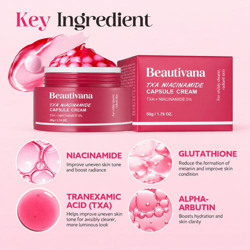 Beautivana TXA Niacinamide Capsule Cream jar and box on a pink background with ingredient callouts for niacinamide, glutathione, tranexamic acid, and alpha-arbutin.