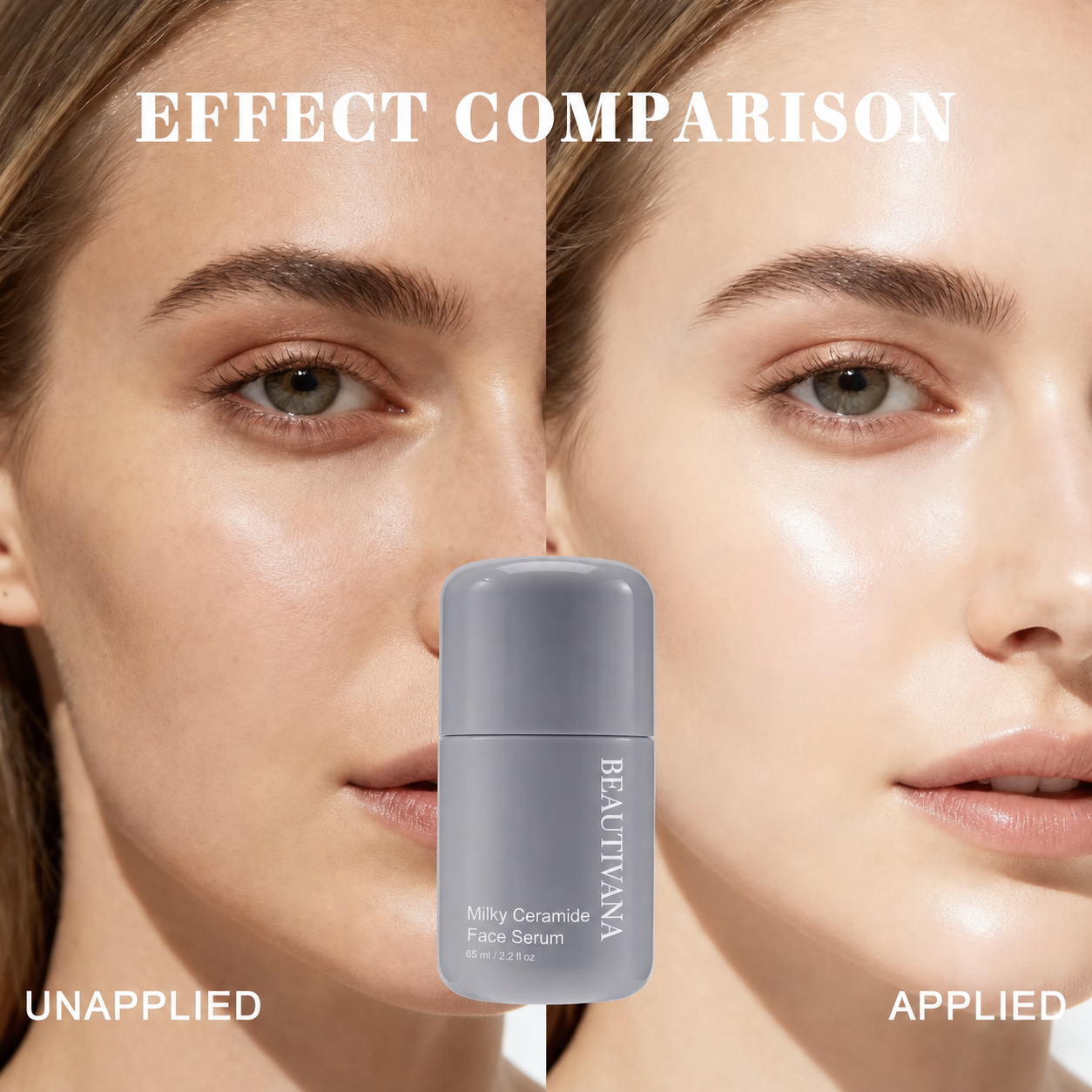 Effect comparison of skin before and after using Beautivana ceramide face serum.