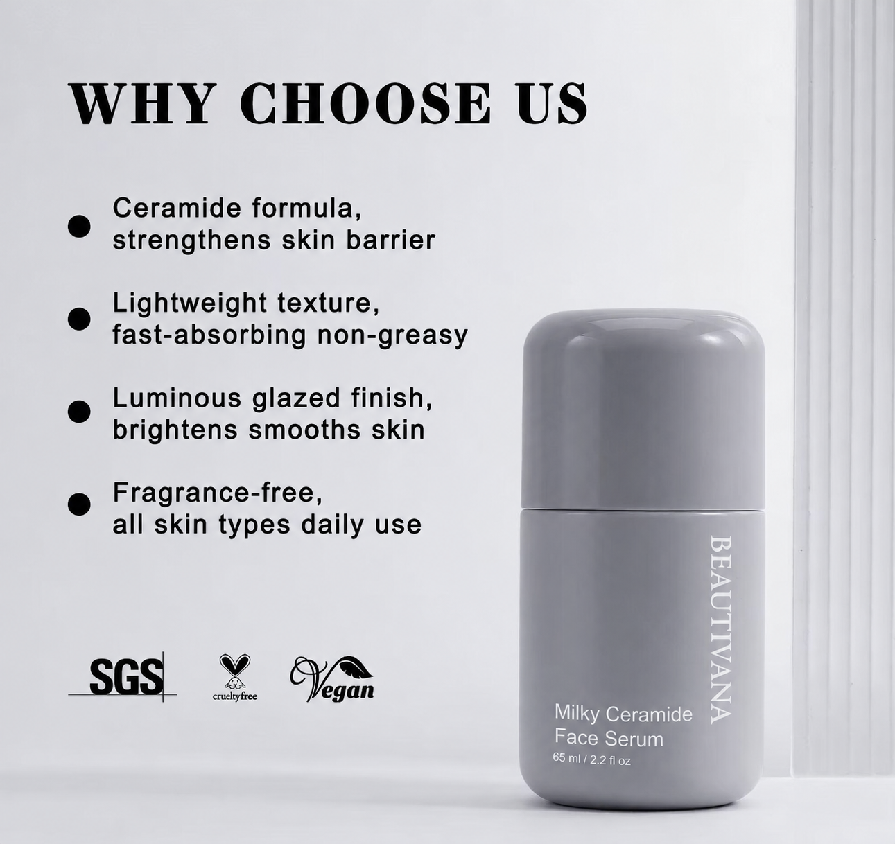 Beautivana ceramide face serum with benefits like lightweight texture, luminous finish, and fragrance-free formula.