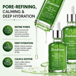 Three green glass dropper bottles of Beautivana Cactus Pore Soothing Serum arranged on a pale green background with marketing text and droplet graphics. The bottles have white caps and silver droppers, with one bottle shown open and serum dripping out.