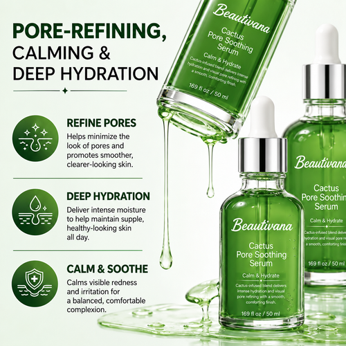 Three green glass dropper bottles of Beautivana Cactus Pore Soothing Serum arranged on a pale green background with marketing text and droplet graphics. The bottles have white caps and silver droppers, with one bottle shown open and serum dripping out.