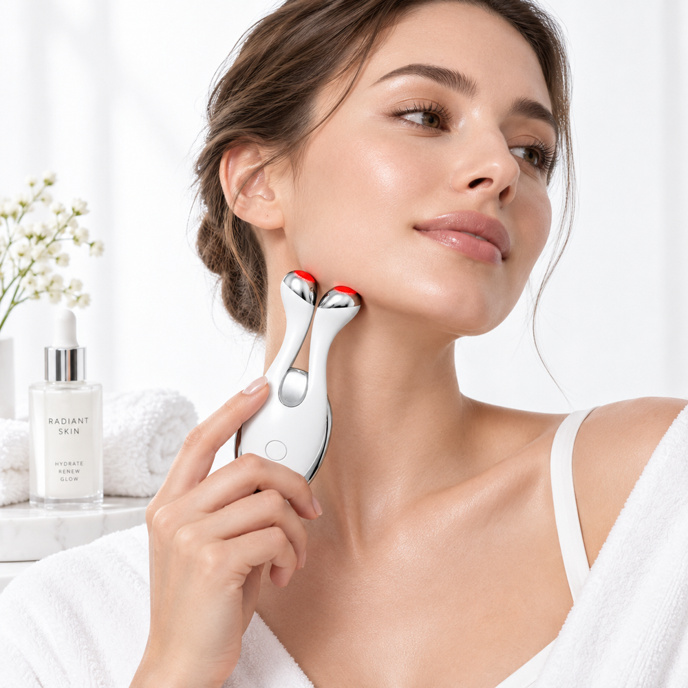 A woman in a white robe uses a white and silver facial neck massager with red-tipped rollers on her neck. A bottle labeled Radiant Skin is visible in the background on a white surface.