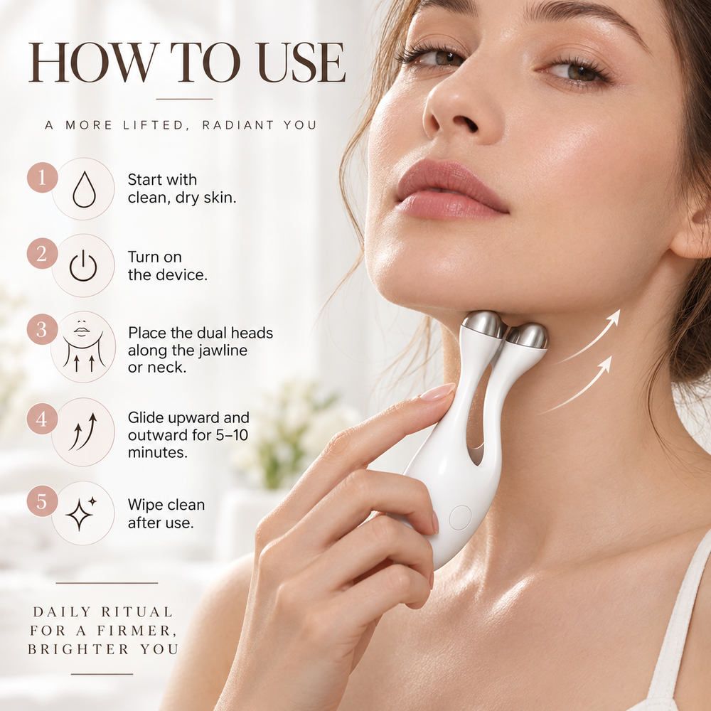 A close-up of a woman using a white handheld facial skincare device on her jawline and neck, with overlaid step-by-step usage instructions and marketing text on a soft light background.