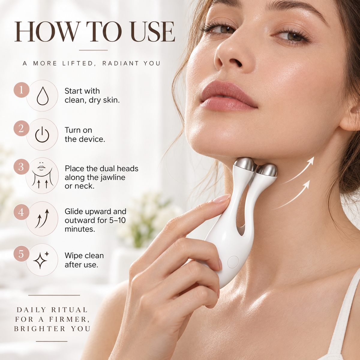 A close-up of a woman using a white handheld facial skincare device on her jawline and neck, with overlaid step-by-step usage instructions and marketing text on a soft light background.