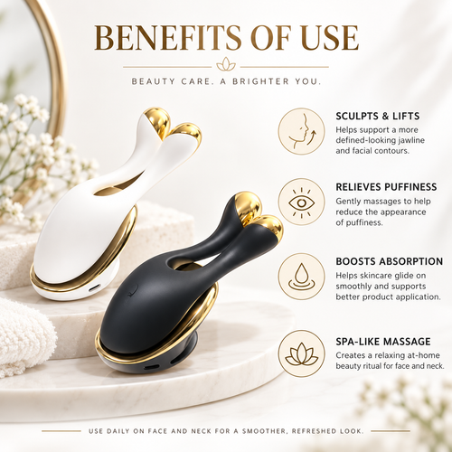 Promotional graphic for an electric facial massager showing two devices: one white with gold trim and one black with gold trim, set on a marble surface with spa props. Text on the image outlines the benefits of use, including sculpting and lifting, relieving puffiness, boosting absorption, and providing a spa-like massage.