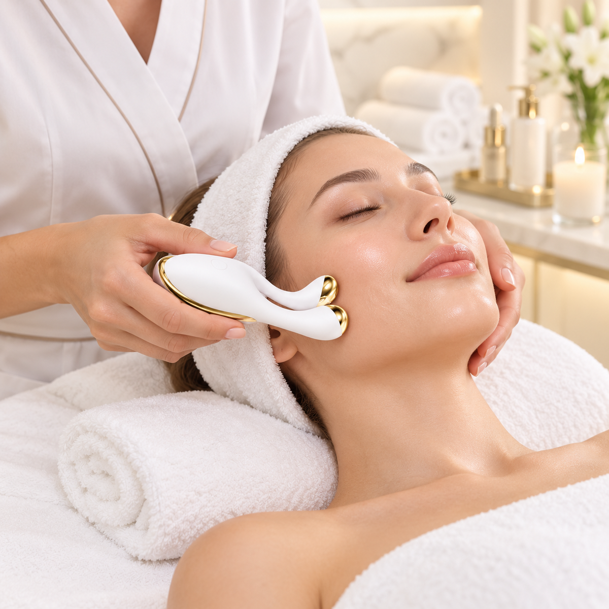 A woman receives a facial treatment while lying down, with a spa professional using a white and gold handheld device on her face. The setting is a bright, luxurious spa room with white towels and soft lighting.