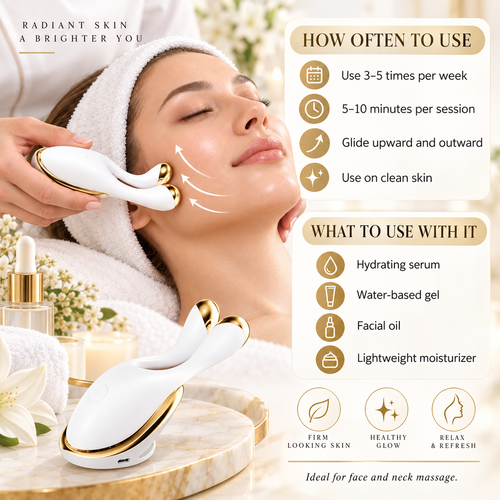 A beauty device with a white body and gold trim is being used on a woman's face by a hand, with text overlays detailing usage frequency, application steps, and recommended skincare products. The scene is set on a marble surface with decorative flowers and candles.