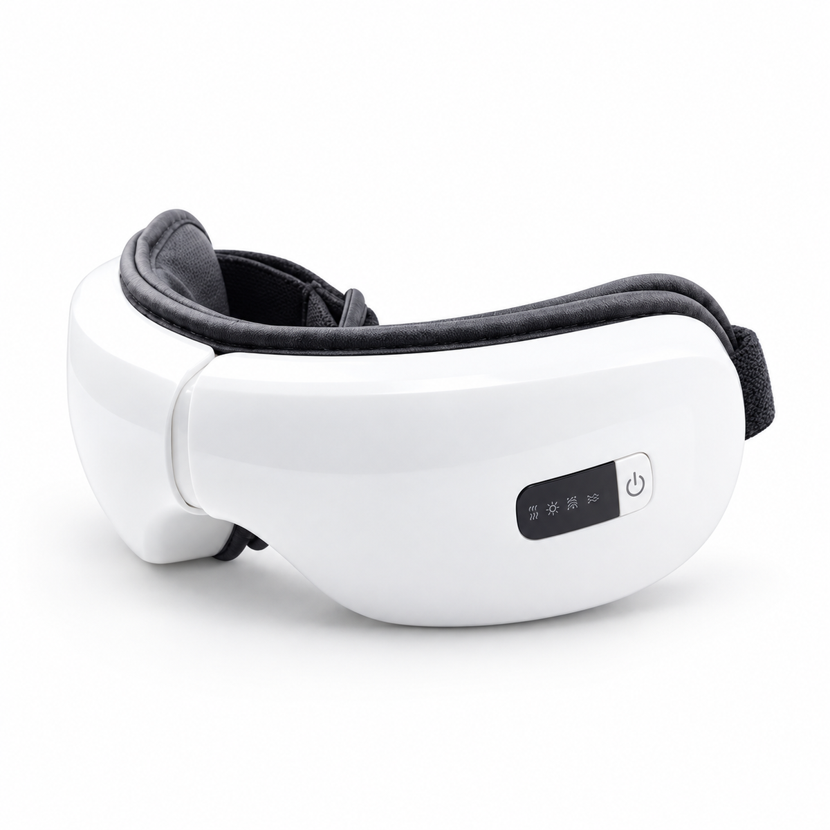 White and black electronic eye massager shown on a clean white background.