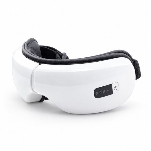 White and black electronic eye massager shown on a clean white background.
