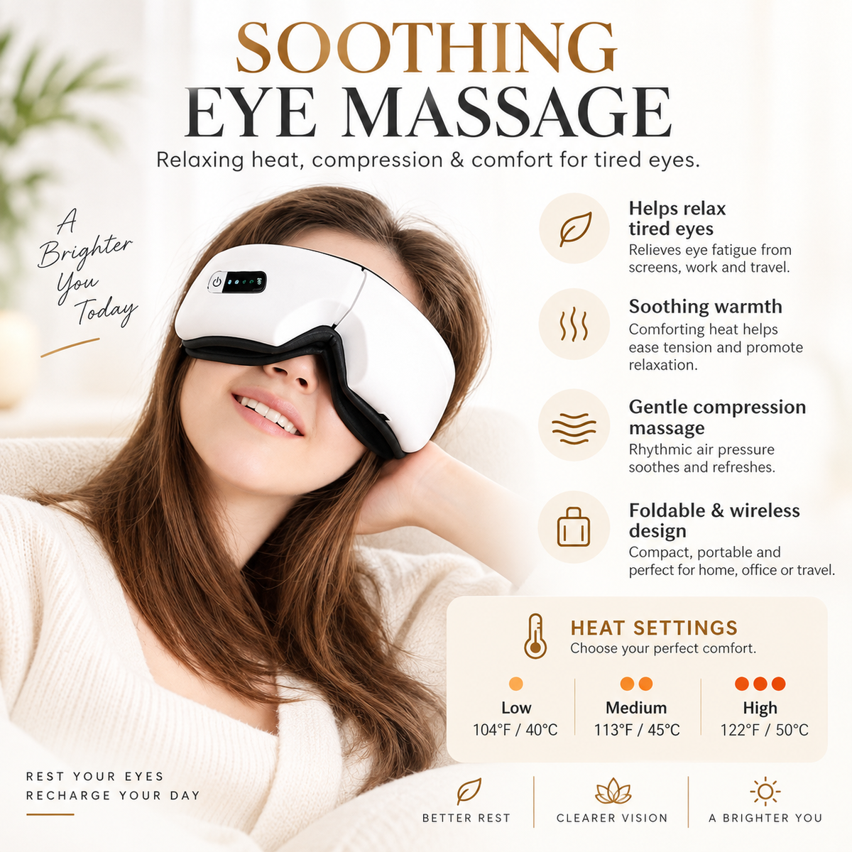 A smiling woman wearing a white and black electric eye massage mask, set against a soft, warm-toned background with text detailing the benefits of the eye massage mask.