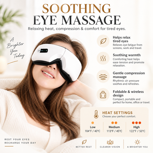 A smiling woman wearing a white and black electric eye massage mask, set against a soft, warm-toned background with text detailing the benefits of the eye massage mask.