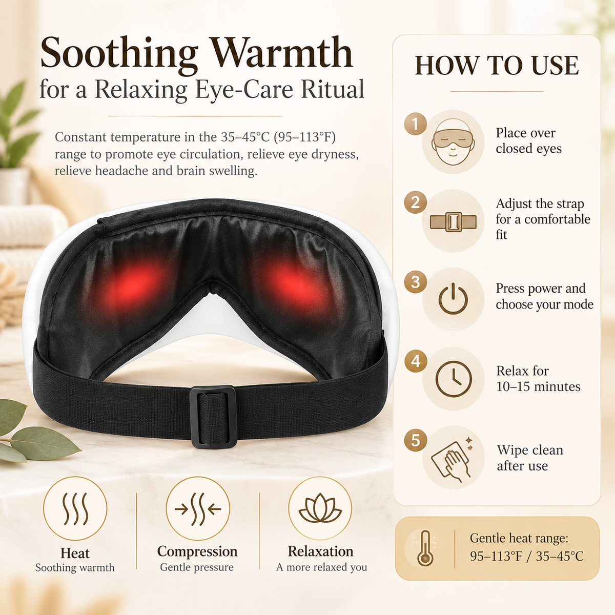 Black eye mask with red glowing heat zones, shown on a soft beige background with marketing text, usage steps, and feature icons. The product is labeled as a soothing eye-care ritual mask with adjustable straps and warm heating.