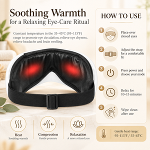 Black eye mask with red glowing heat zones, shown on a soft beige background with marketing text, usage steps, and feature icons. The product is labeled as a soothing eye-care ritual mask with adjustable straps and warm heating.