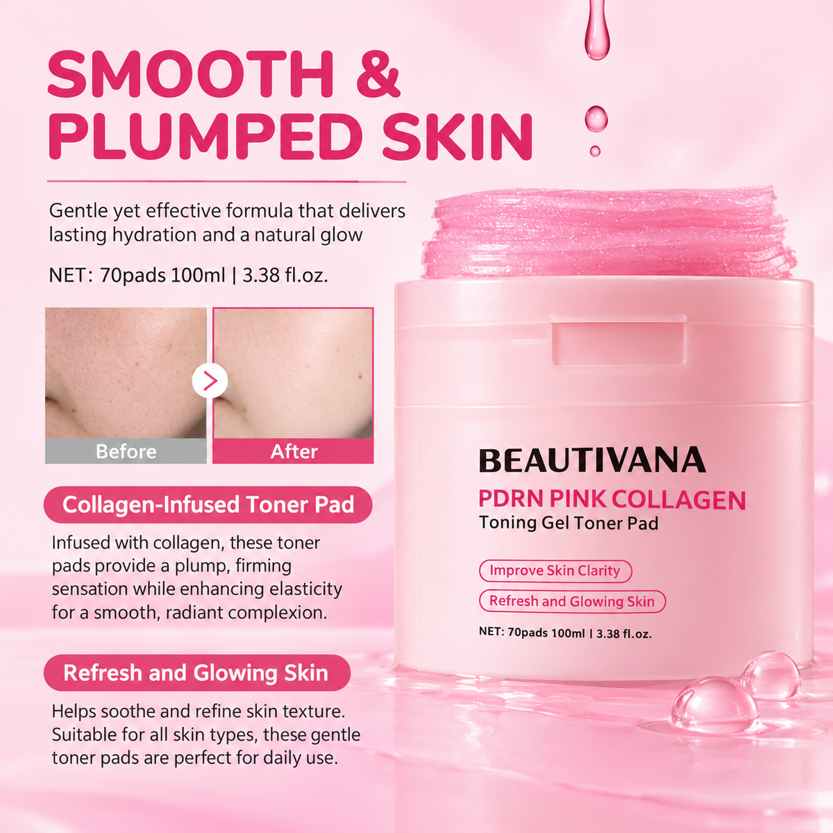 Beautivana PDRN Pink Collagen Toner Pads 70 Count product image