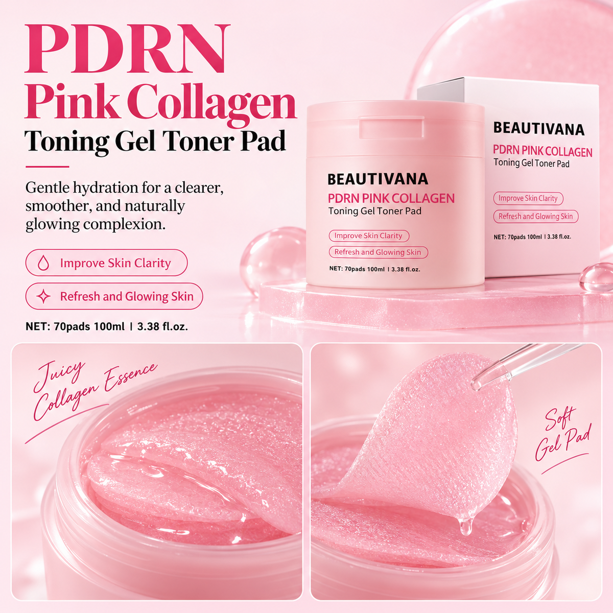 Beautivana PDRN Pink Collagen Toner Pads 70 Count product image