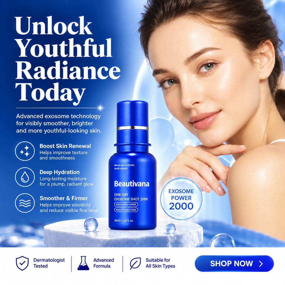 A beauty advertisement featuring a woman with smooth skin next to a blue bottle of Beautivana Exosome Shot 2000. The ad includes text highlighting skin benefits and a blue 'EXOSOME POWER 2000' badge, with a 'SHOP NOW' button at the bottom.