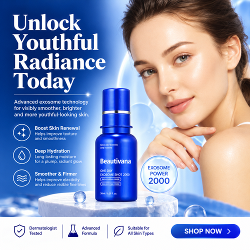 A beauty advertisement featuring a woman with smooth skin next to a blue bottle of Beautivana Exosome Shot 2000. The ad includes text highlighting skin benefits and a blue 'EXOSOME POWER 2000' badge, with a 'SHOP NOW' button at the bottom.