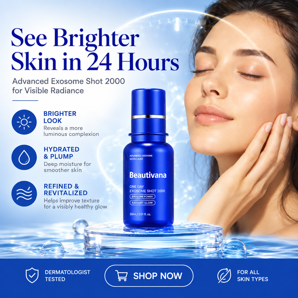 A beauty advertisement for Beautivana Exosome Shot 2000. A woman with closed eyes and a hand on her face is shown on the right, while a blue bottle of the cosmetic serum is displayed on a pedestal in the center.
