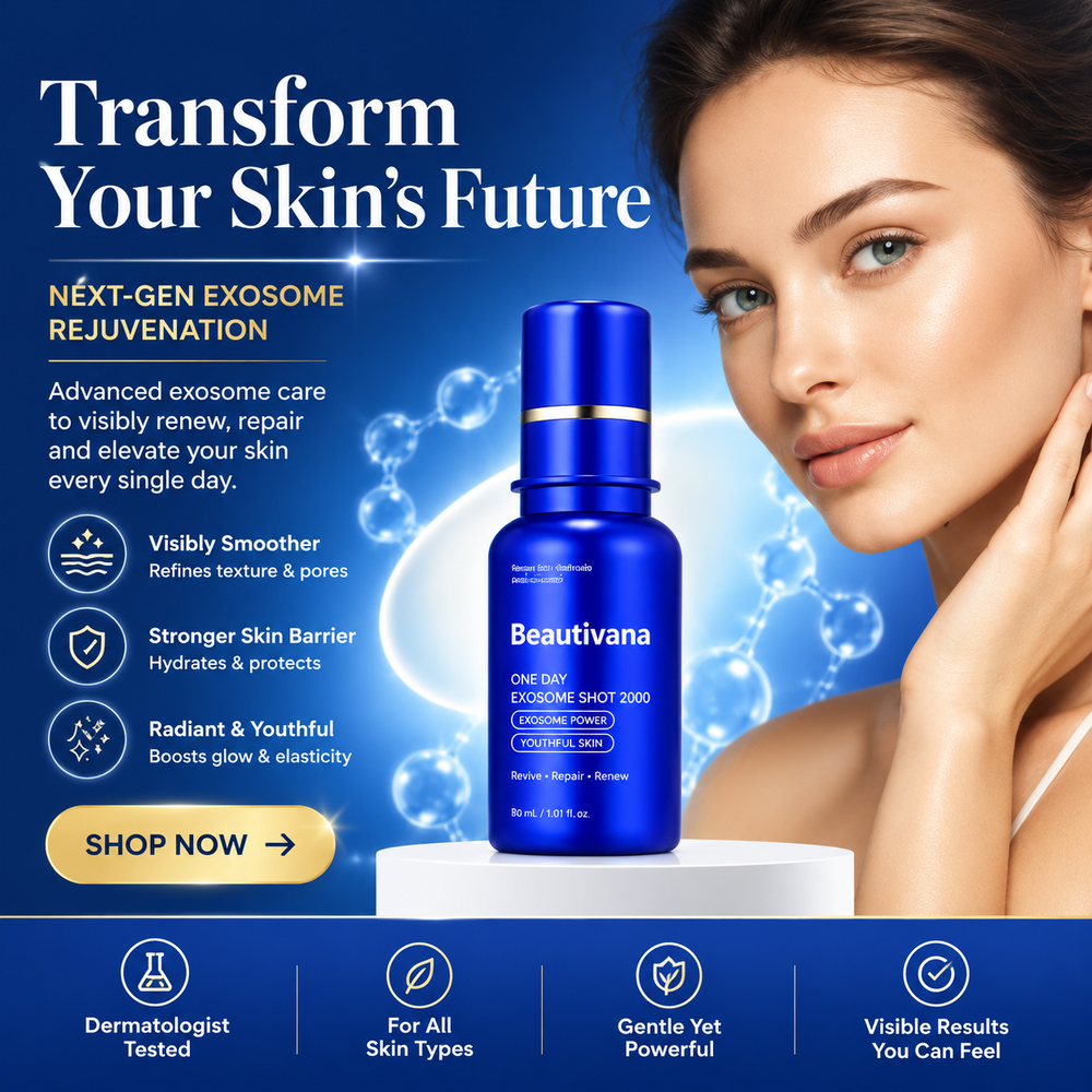 A beauty advertisement for Beautivana One-Off Exosome Shot 2000. The image features a woman with clear skin on the right, a blue bottle of the cosmetic product on a pedestal in the center, and marketing text on the left against a blue background with exosome graphics.