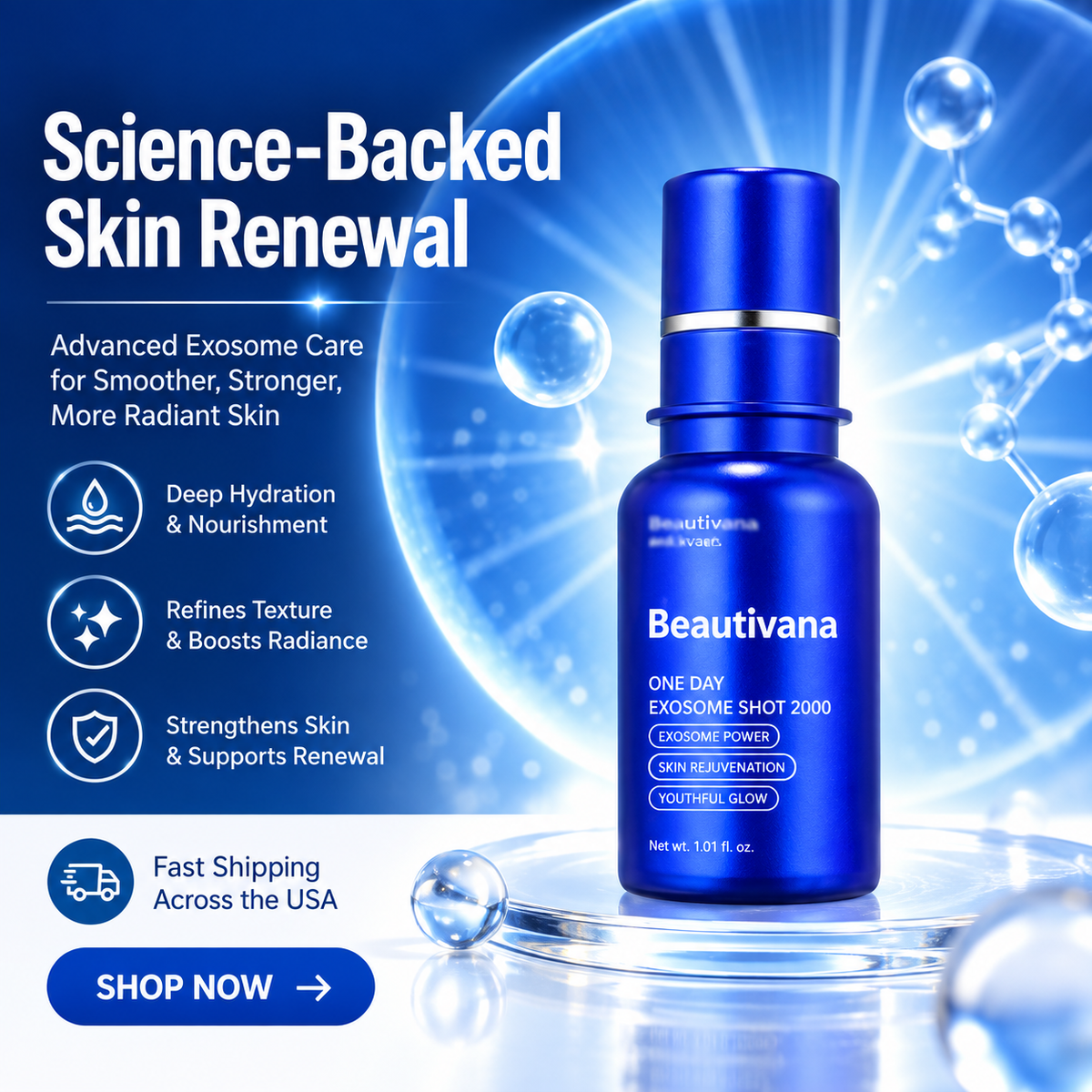 A blue cosmetic bottle labeled Beautivana One Day Exosome Shot 7000 stands on a reflective platform against a blue scientific-themed background with text promoting exosome skincare benefits.