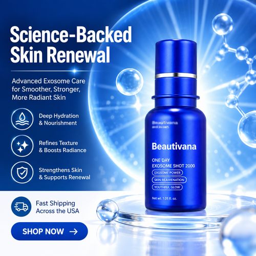 A blue cosmetic bottle labeled Beautivana One Day Exosome Shot 7000 stands on a reflective platform against a blue scientific-themed background with text promoting exosome skincare benefits.