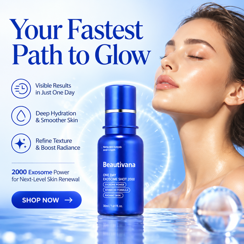 A blue cosmetic bottle labeled Beautivana is centered on a bright blue skincare ad with a woman's face in the background, plus text reading 'Your Fastest Path to Glow' and feature callouts.