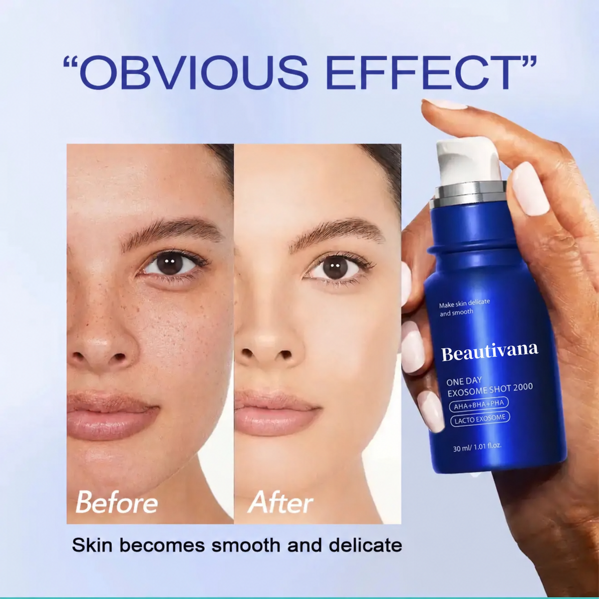 Before and after comparison of skin with KOEC skincare product on a blue background