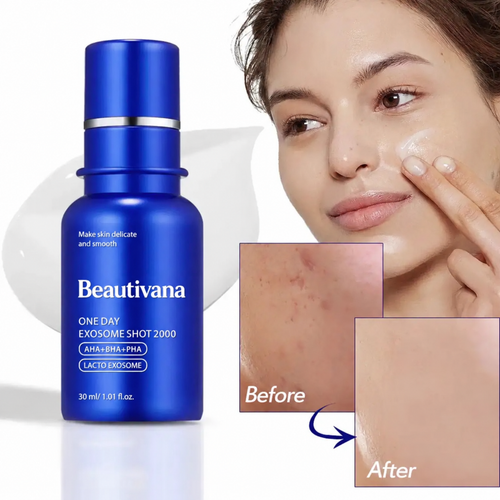 Beautivana One Day Exosome Shot 2000 skincare bottle in blue, shown next to a woman applying cream to her face, with a before-and-after skin texture comparison inset.