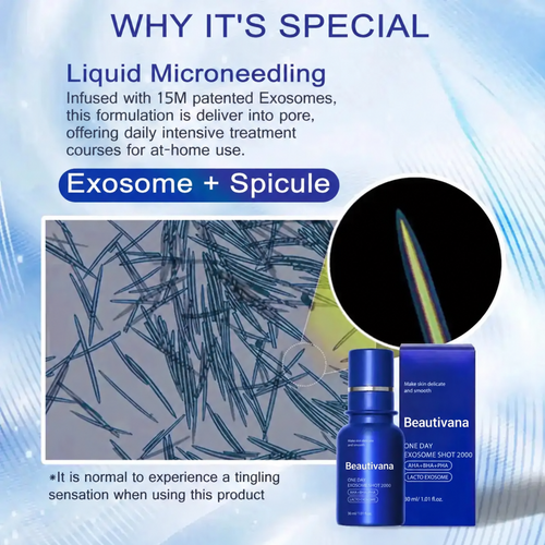 Promotional graphic for Beautivana Liquid Microneedling exosome treatment, showing a blue bottle and box, a microscopic view of spicules, and a close-up of a needle tip on a light blue background with text explaining exosome infusion.