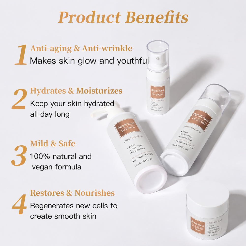 Beautivana four-piece skincare set with cleanser, toner mist, serum and moisturizer
