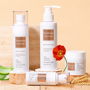 Beautivana daily skincare set featuring cleanser, toner mist, facial serum and moisturizer