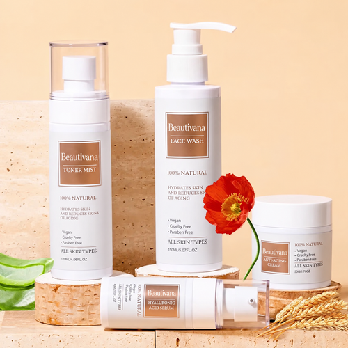 Beautivana daily skincare set featuring cleanser, toner mist, facial serum and moisturizer