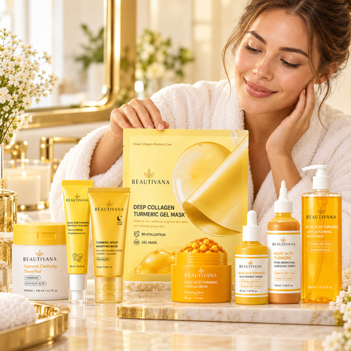 A woman in a white robe smiles while looking at a collection of Beautivana skincare products arranged on a marble bathroom counter. The products include a Deep Collagen Turmeric Gel Mask, Toner, Serums, and creams in yellow, gold, and amber packaging.