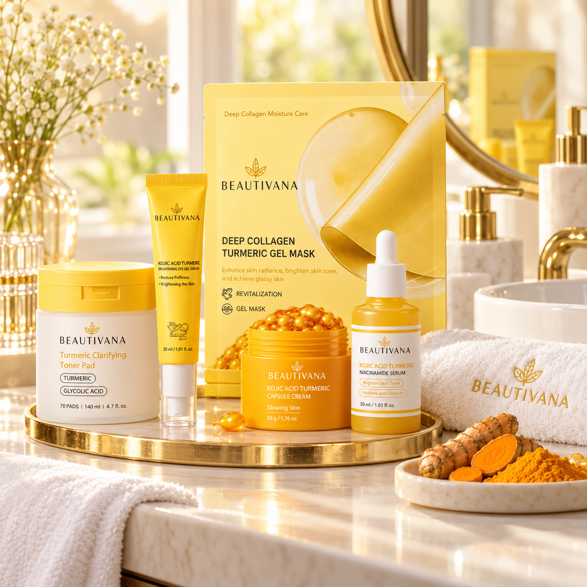 A set of Beautivana skincare products arranged on a gold tray in a bright, luxurious bathroom setting. The products include a Deep Collagen Turmeric Gel Mask box, a Turmeric Cleansing Toner Pad jar, a Kojic Acid Turmeric Cream jar, a Deep Serum dropper bottle, and a Turmeric Acid serum tube.