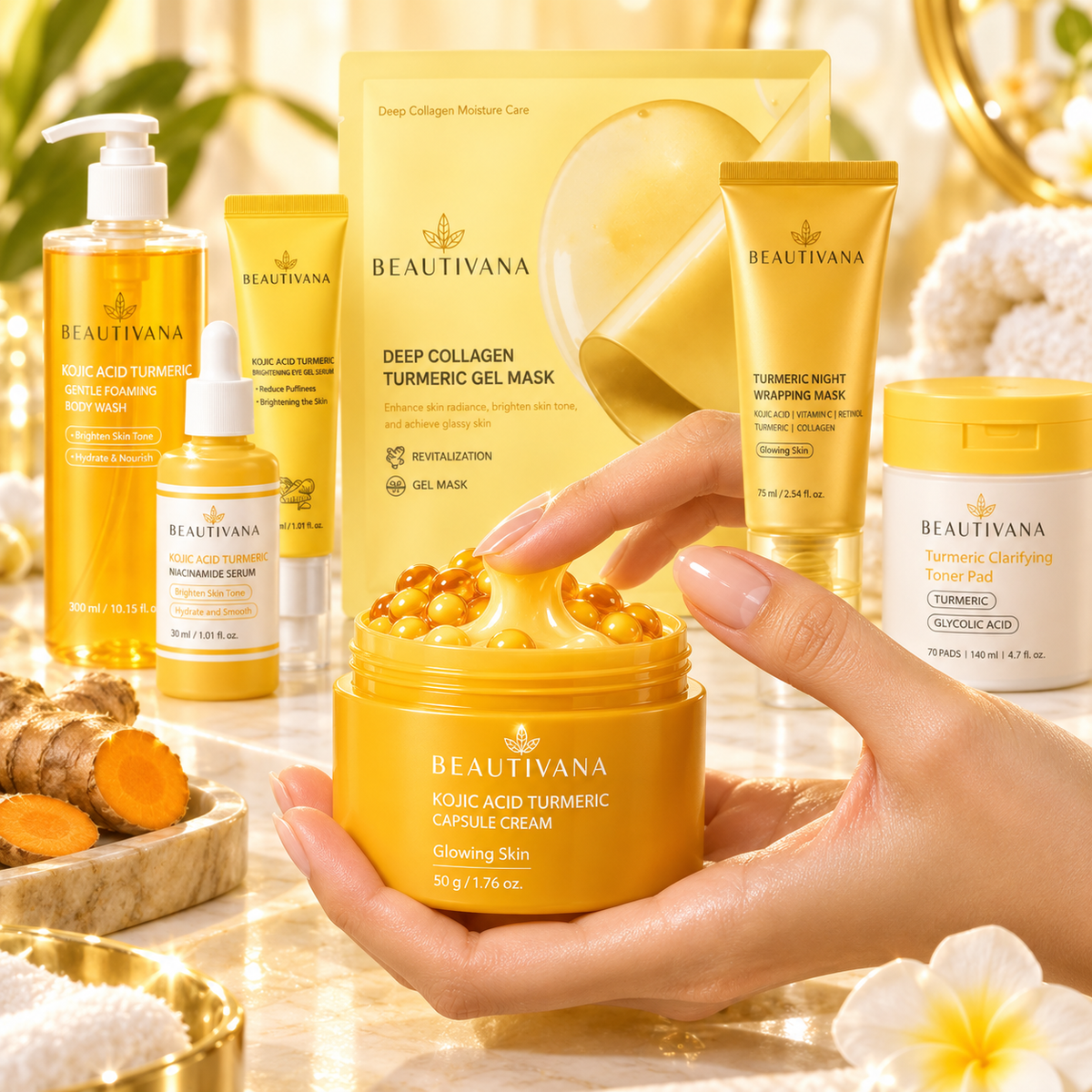 A hand holds a jar of Beautivana Roasted Turmeric Capsule Cream in the foreground, with several other Beautivana skincare products arranged behind it on a bright, decorative set. Visible products include a deep collagen turmeric gel mask, a roasted turmeric body wash, a turmeric night wrapping mask, and a turmeric clarifying facial pad.