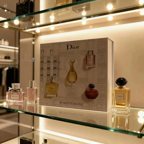 "Five mini perfume bottles in a white and gold gift box, displayed on glass shelves with soft lighting."