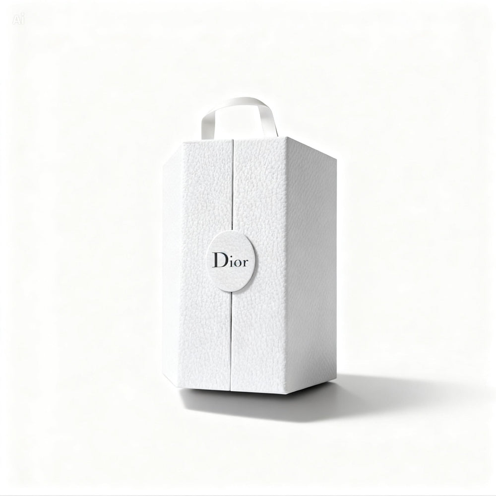 White textured gift box with a circular Dior logo, featuring a top handle and a minimalist design, front view.
