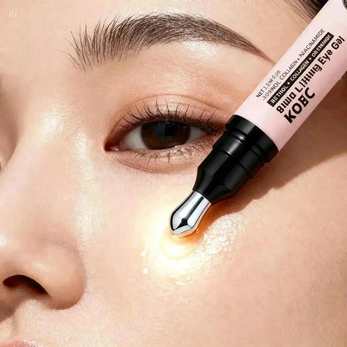 eye gel application from glow and lift skincare bundle targeting under eye wrinkles and puffiness