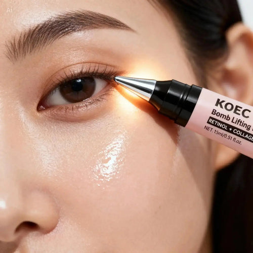 "KOEC Bomb Lifting Under Eye Gel tube with a silver applicator, applied under the eye, model's skin tone visible."