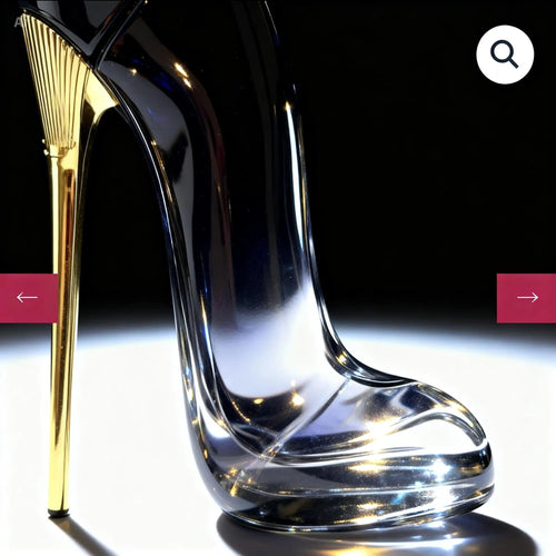 Transparent stiletto heel with a shiny gold base, illuminated from below, showcasing a sleek and elegant silhouette.