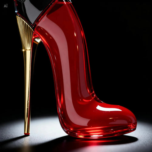 "Red stiletto shoe-shaped perfume bottle with a gold heel and black cap, placed on a dark surface."