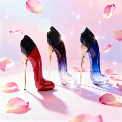 "Three stiletto-shaped perfume bottles in red, purple, and blue, with gold accents and a glossy finish, surrounded by pink pe