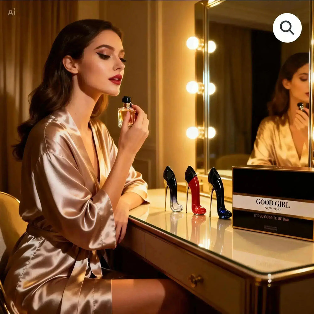 "Three stiletto-shaped perfume bottles in red, blue, and black on a mirrored vanity with a woman holding a bottle."