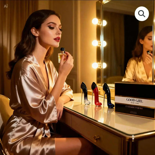 "Three stiletto-shaped perfume bottles in red, blue, and black on a mirrored vanity with a woman holding a bottle."