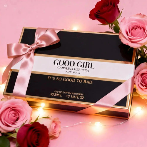 "Elegant black gift box with a gold ribbon, featuring 'Good Girl' label and surrounded by pink roses."