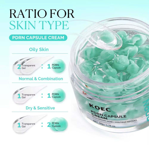 KOEC PDRN capsule cream hydrating gel moisturizer ratio guide for oily, normal, combination, dry and sensitive skin types