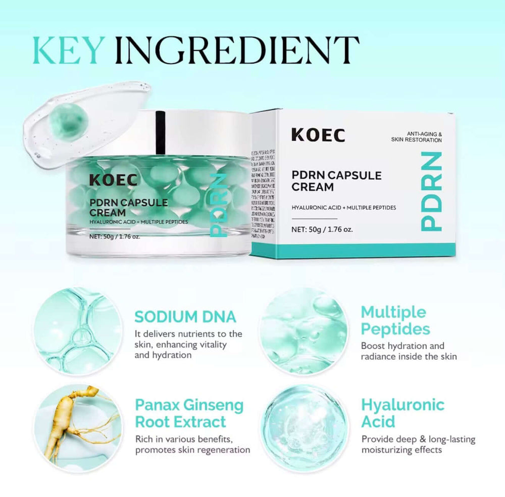KOEC PDRN capsule cream hydrating gel moisturizer key ingredients: Sodium DNA, peptides, Panax Ginseng, Hyaluronic Acid