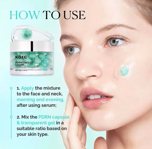 How to use PDRN capsule cream hydrating gel moisturizer – apply to face and neck morning and evening after serum