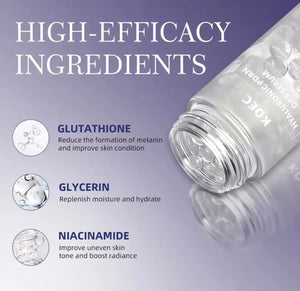 "KOEC Hyaluronic PDRN Orb Serum in a clear glass bottle with a silver cap, featuring a purple gradient background."