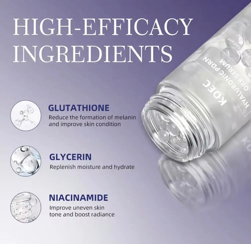 "KOEC Hyaluronic PDRN Orb Serum in a clear glass bottle with a silver cap, featuring a purple gradient background."